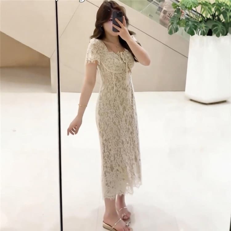 빅 사이즈 여성 의류 지방 mm 프랑스식 광장 칼라 레이스 자수 드레스 2026 여름 품격 슬림해 보이는 표지 고기 길다 치마 이미지 3
