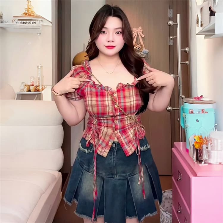 빅 사이즈 여성 의류 지방 mm 프랑스식 광장 칼라 체크무늬 펌프 로프 반팔 셔츠 2026 여름 슬림해 보이는 다용도 품격 맨위 상세 이미지 6