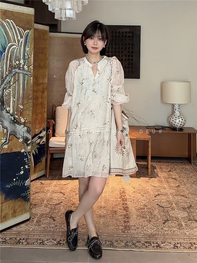 프랑스식 빛 럭셔리 무거운 작업 자수 긴팔 꽃무늬 여성 드레스 상세 이미지 3