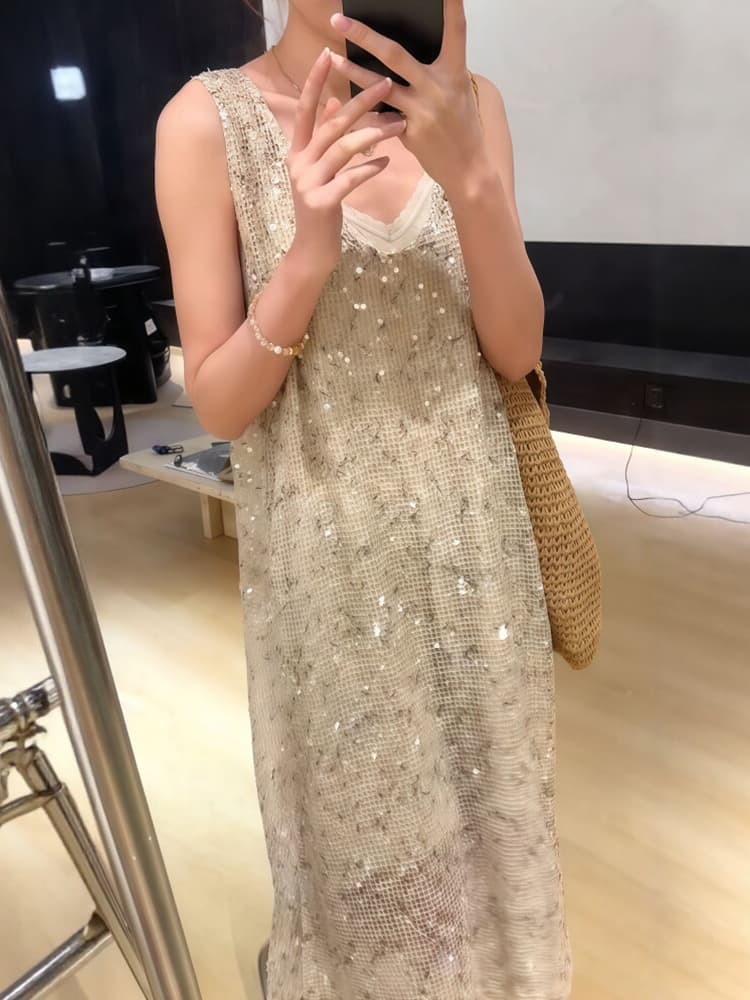 프랑스식 레트로 작은 대중 와 성별 단색 출퇴근 다용도 루즈핏 민소매 조끼 스커트 이미지 3