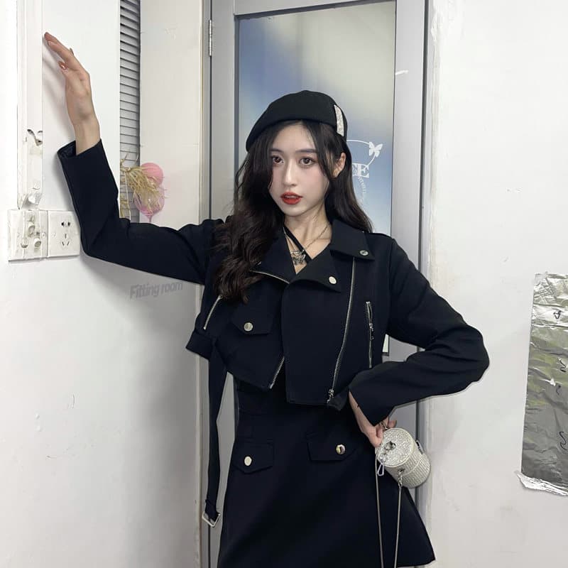 실사 빅 사이즈 지방 mm 봄 오토바이 튀김 거리 품격 짧은 외투 하이웨이스트 반신 치마 세트 이미지 3