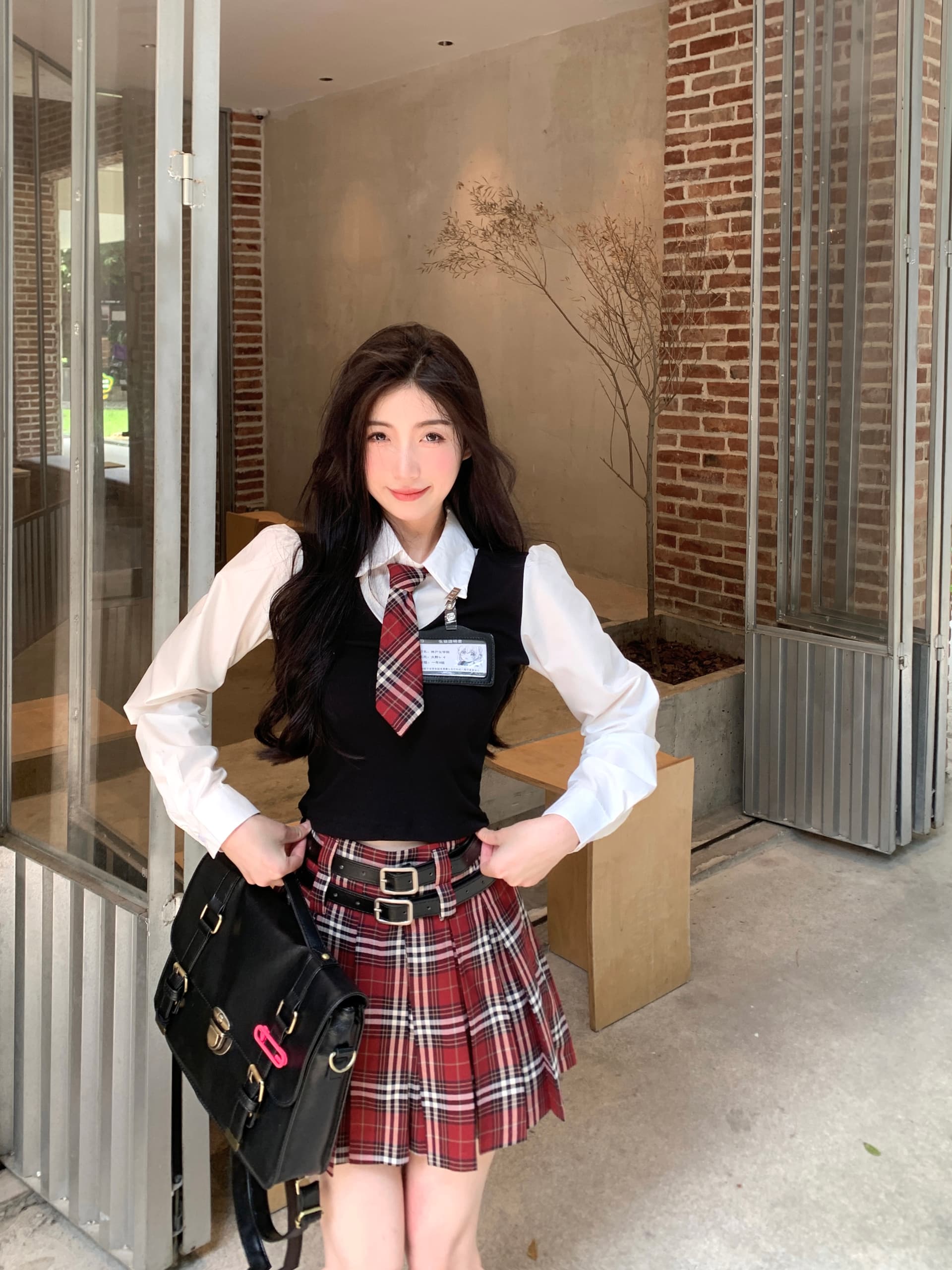 실사 빅 사이즈 아메리칸 달콤한 매운맛 학원 스타일 세트 여성 jk 유니폼 페이크 레이어드 맨위 체크무늬 반 스커트 이미지 2