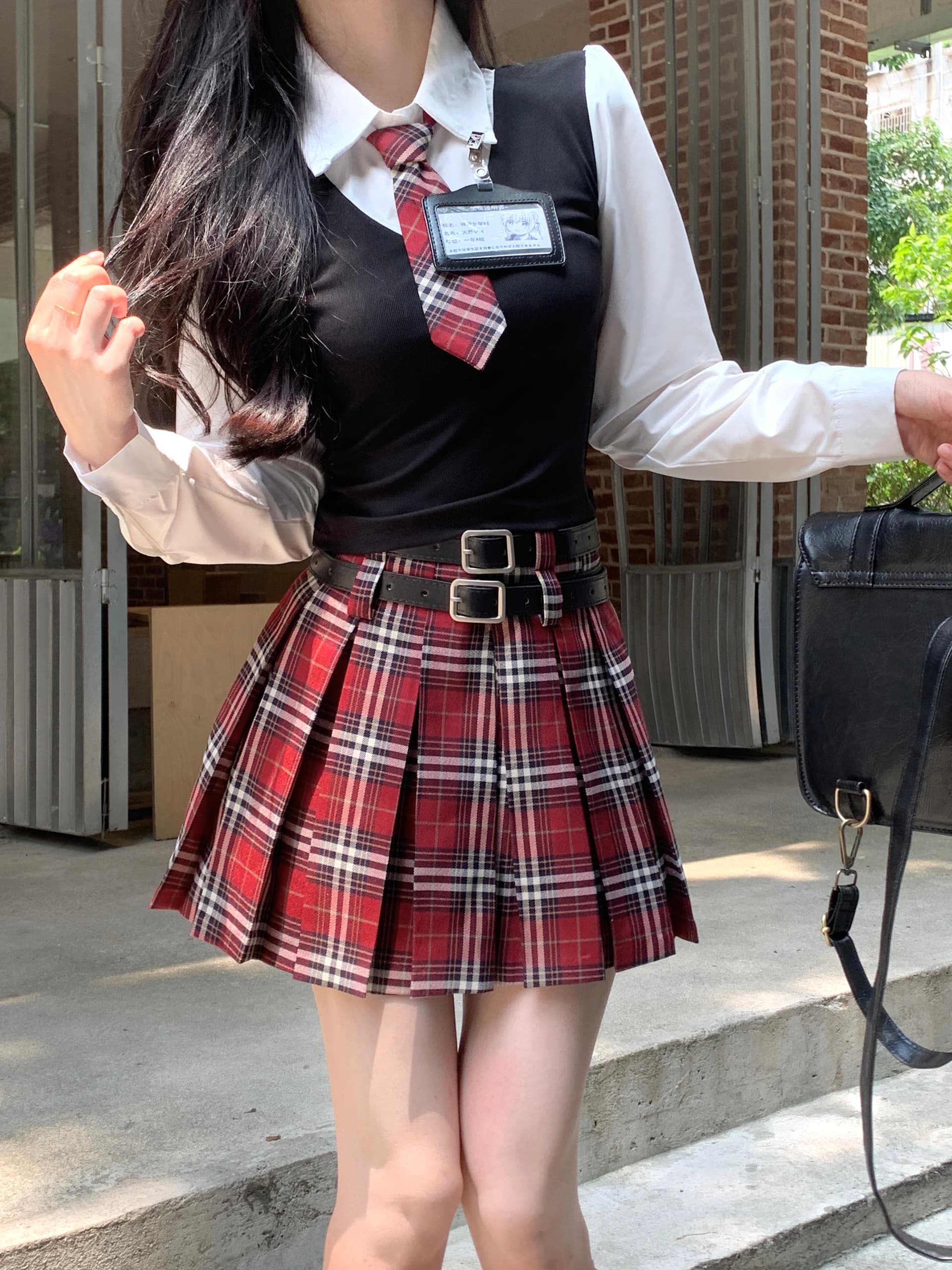 실사 빅 사이즈 아메리칸 달콤한 매운맛 학원 스타일 세트 여성 jk 유니폼 페이크 레이어드 맨위 체크무늬 반 스커트 이미지 4