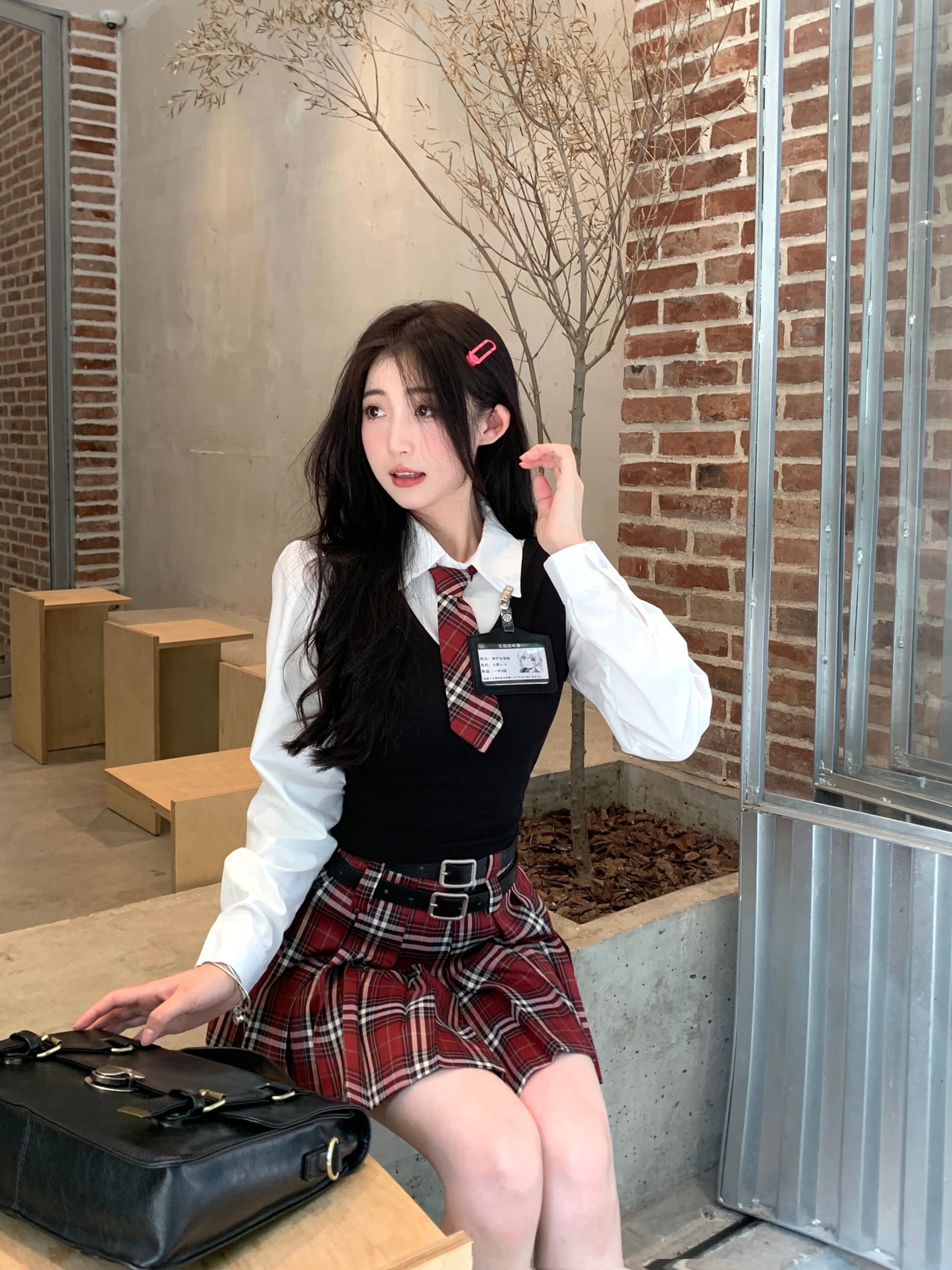 실사 빅 사이즈 아메리칸 달콤한 매운맛 학원 스타일 세트 여성 jk 유니폼 페이크 레이어드 맨위 체크무늬 반 스커트 상세 이미지 7
