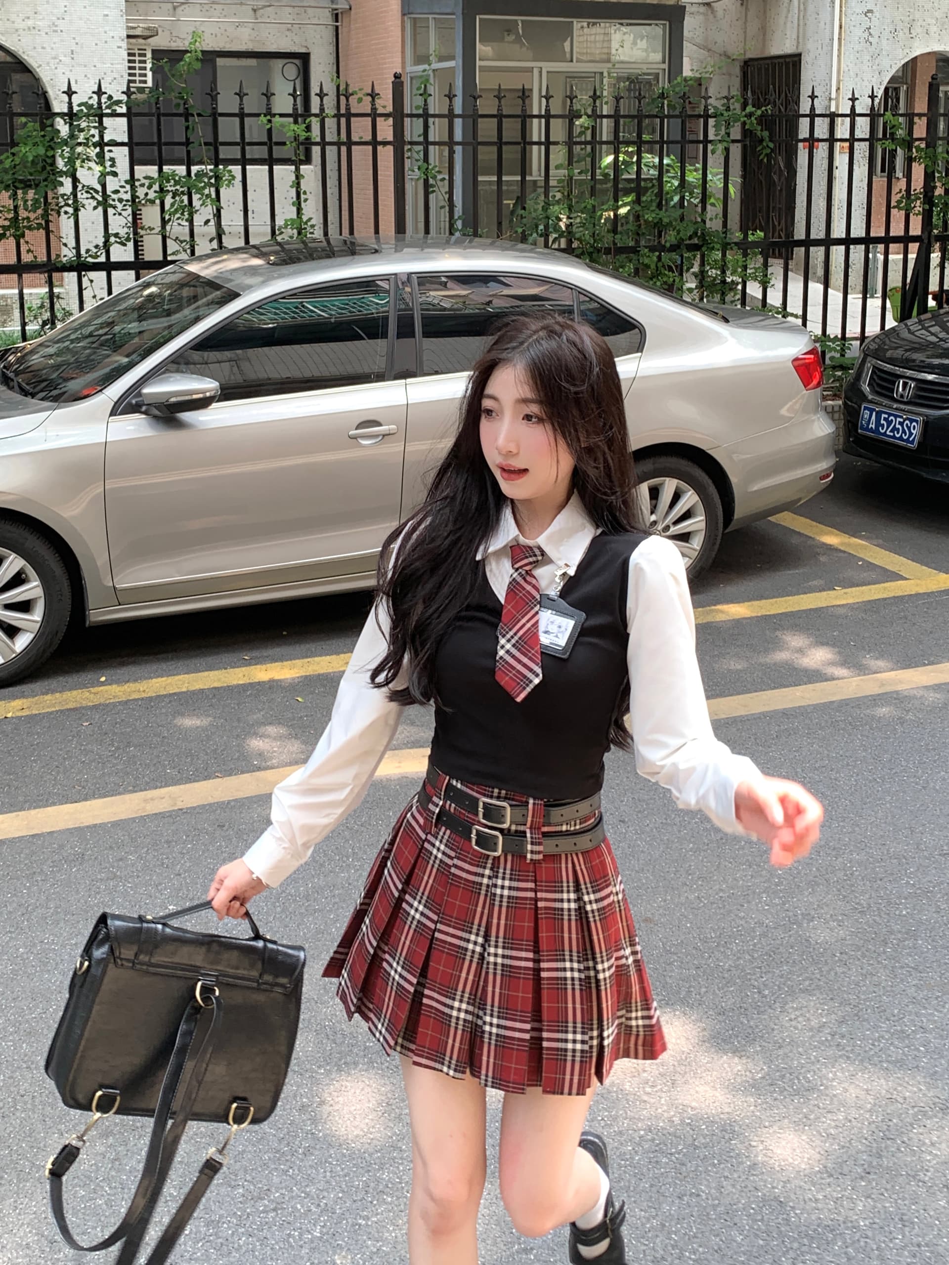 실사 빅 사이즈 아메리칸 달콤한 매운맛 학원 스타일 세트 여성 jk 유니폼 페이크 레이어드 맨위 체크무늬 반 스커트 상세 이미지 10
