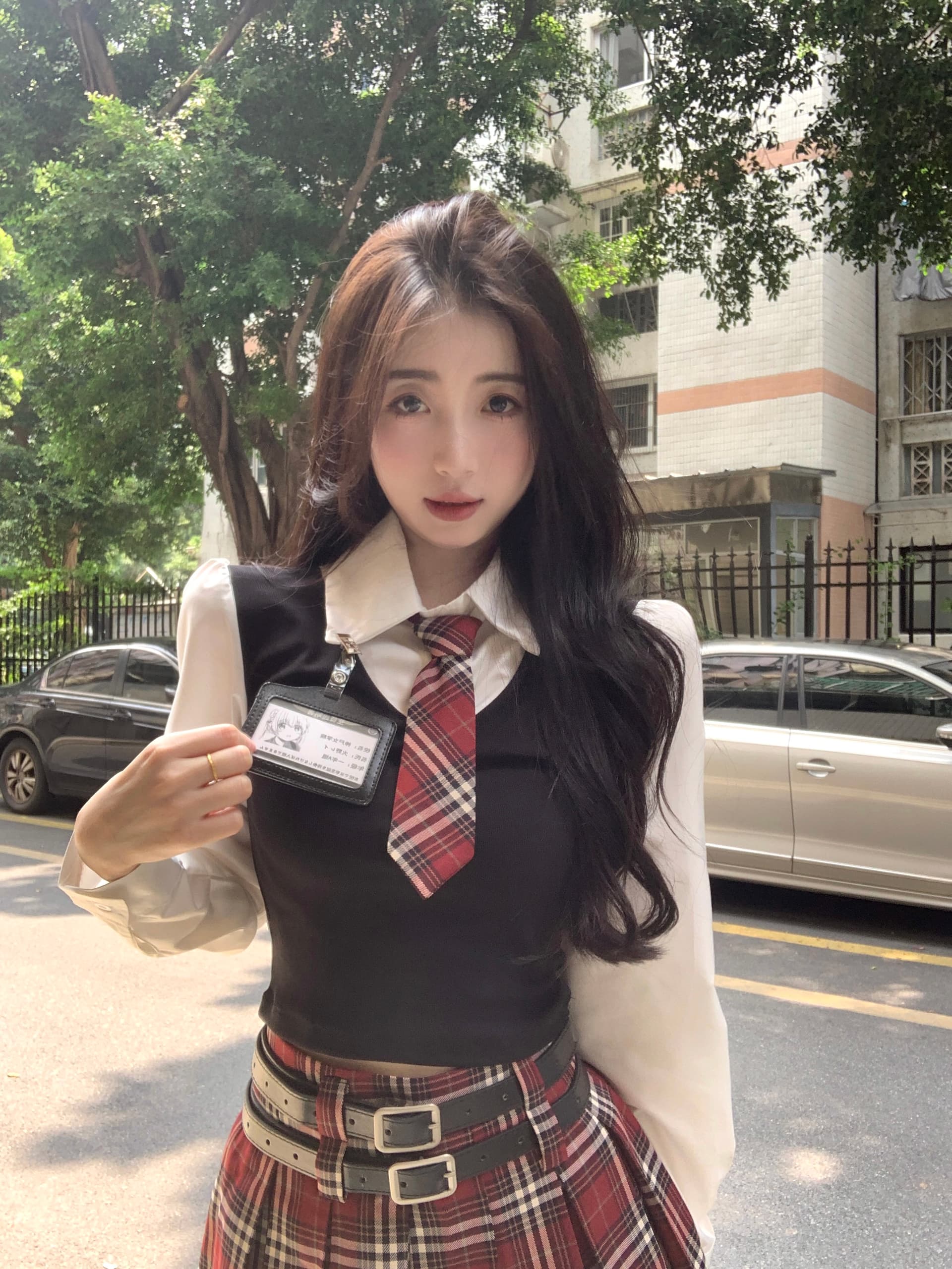 실사 빅 사이즈 아메리칸 달콤한 매운맛 학원 스타일 세트 여성 jk 유니폼 페이크 레이어드 맨위 체크무늬 반 스커트 상세 이미지 11