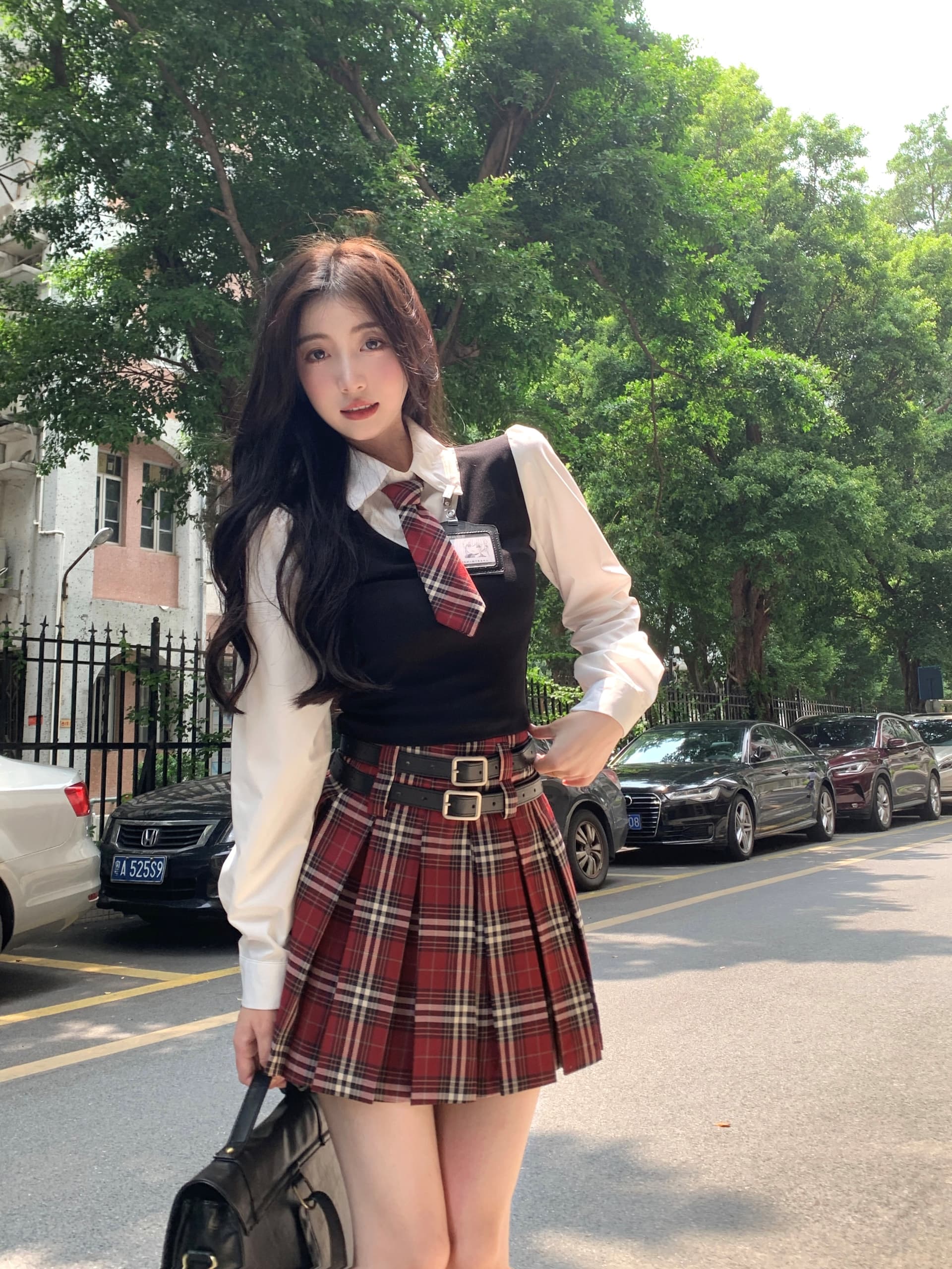 실사 빅 사이즈 아메리칸 달콤한 매운맛 학원 스타일 세트 여성 jk 유니폼 페이크 레이어드 맨위 체크무늬 반 스커트 상세 이미지 13