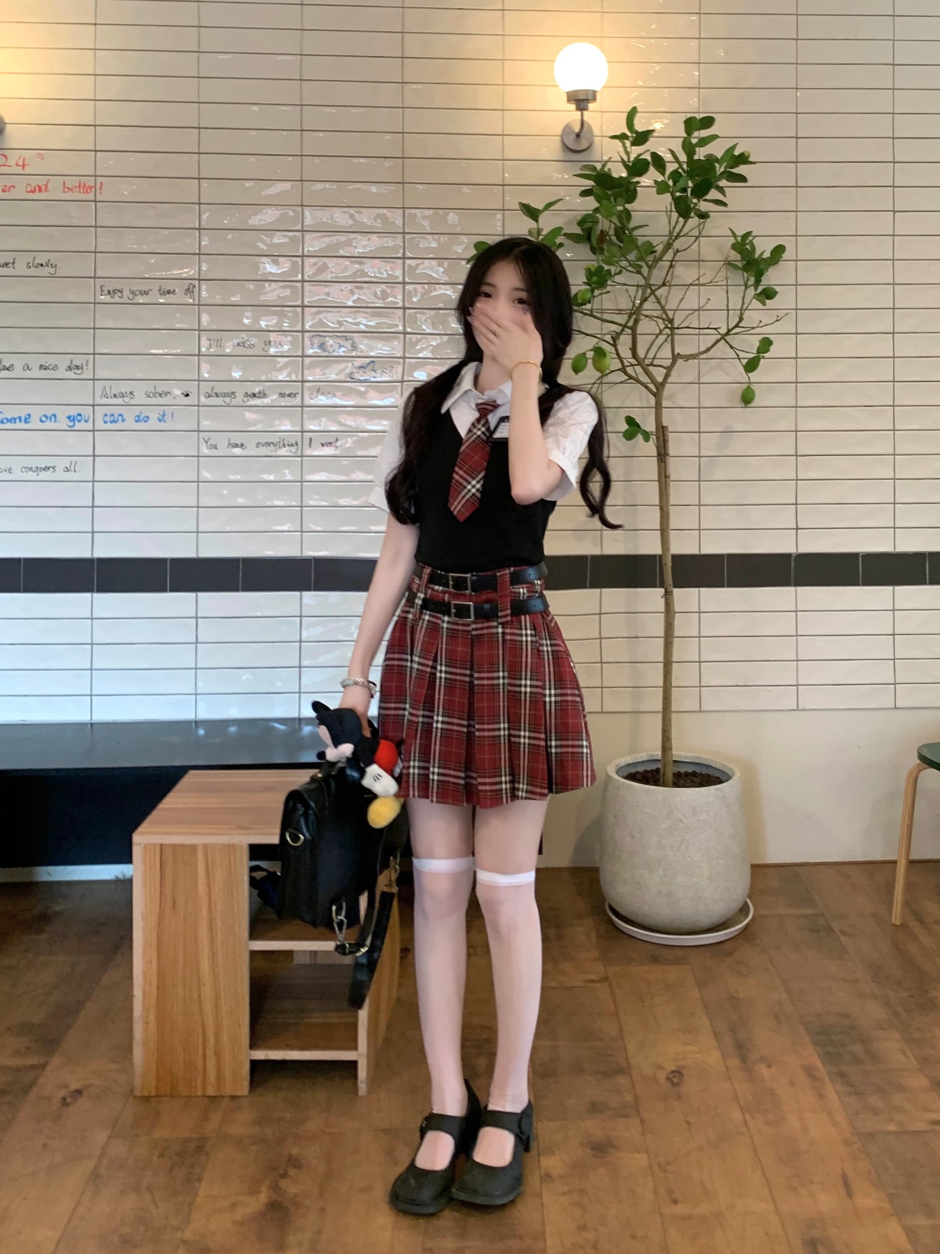 실사 빅 사이즈 아메리칸 달콤한 매운맛 학원 스타일 세트 여성 jk 유니폼 페이크 레이어드 맨위 체크무늬 반 스커트 상세 이미지 22