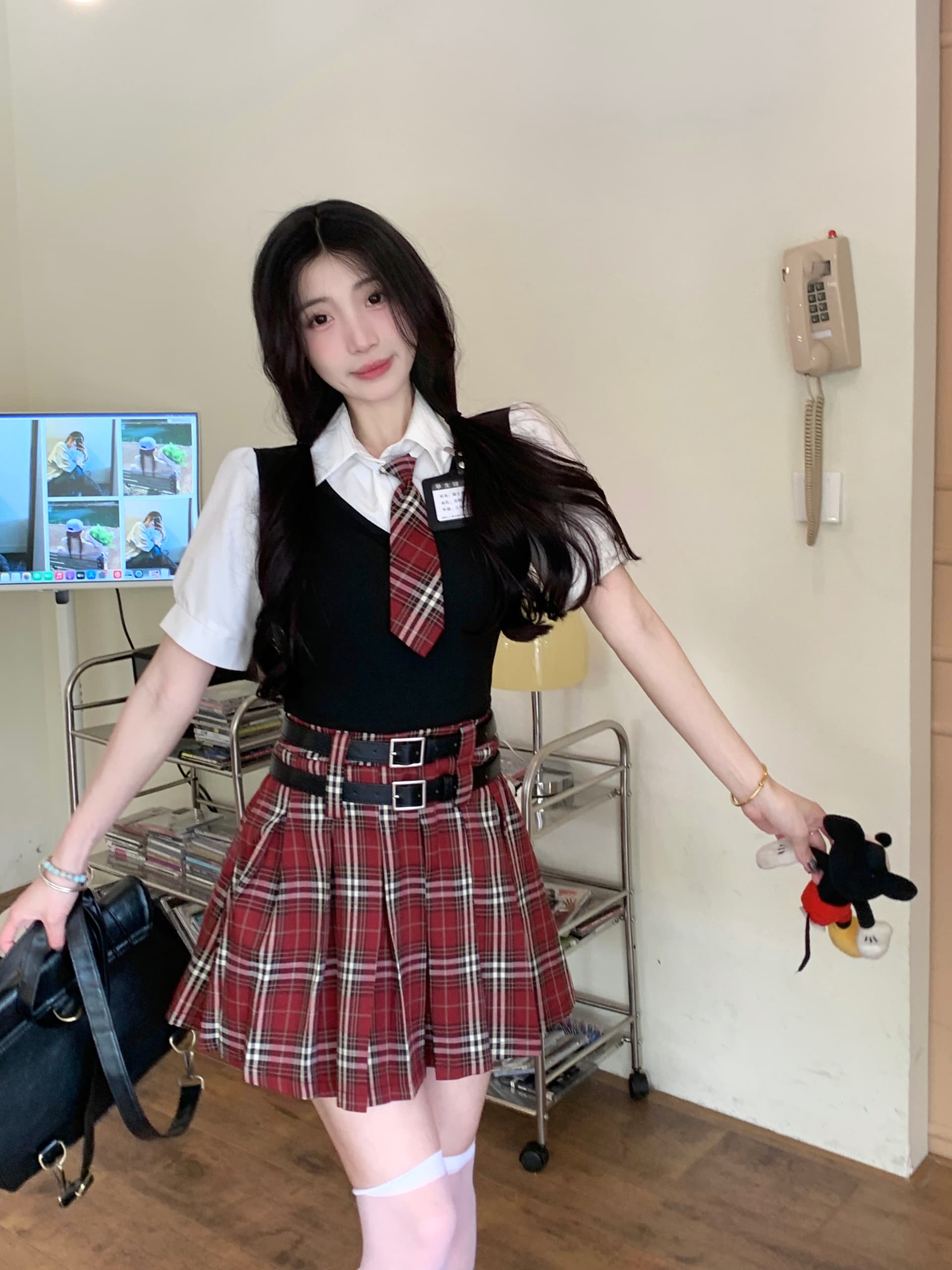 실사 빅 사이즈 아메리칸 달콤한 매운맛 학원 스타일 세트 여성 jk 유니폼 페이크 레이어드 맨위 체크무늬 반 스커트 상세 이미지 25