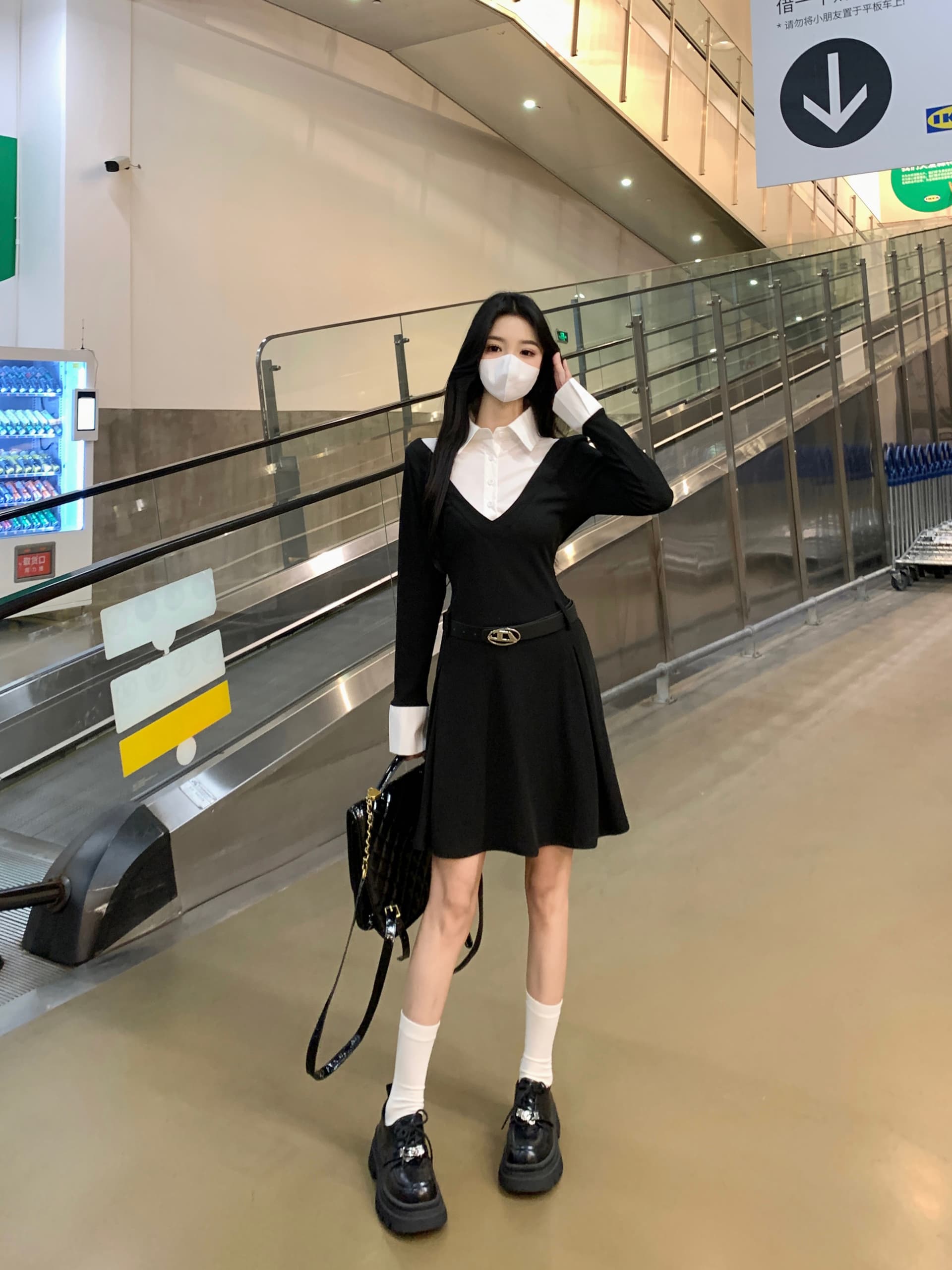 실사 빅 사이즈 mm 한국 스타일 페이크 레이어드 셔츠 패치워크 긴팔 허리 수축 몸매 가꾸기 드레스 이미지 4