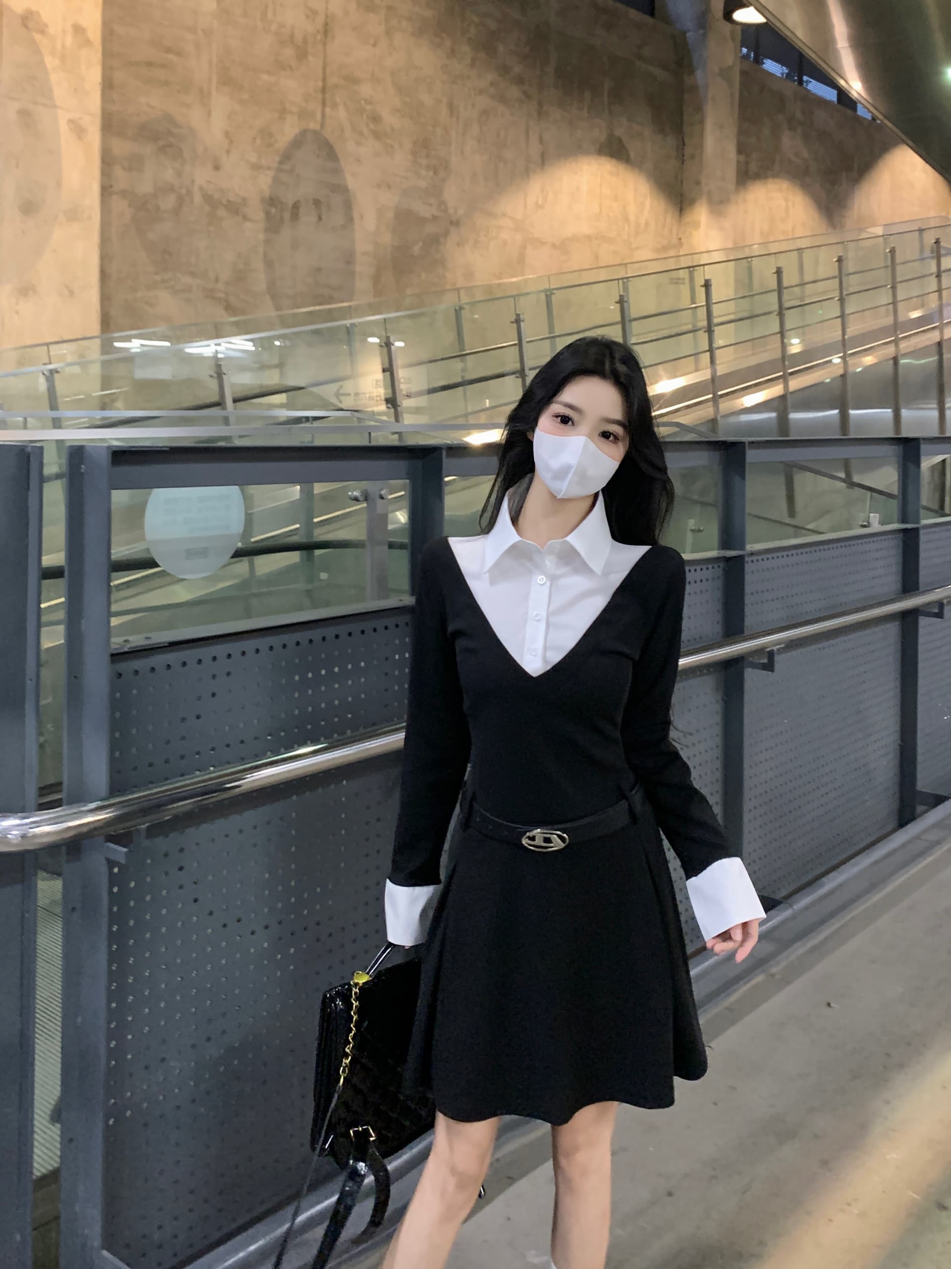 실사 빅 사이즈 mm 한국 스타일 페이크 레이어드 셔츠 패치워크 긴팔 허리 수축 몸매 가꾸기 드레스 상세 이미지 1