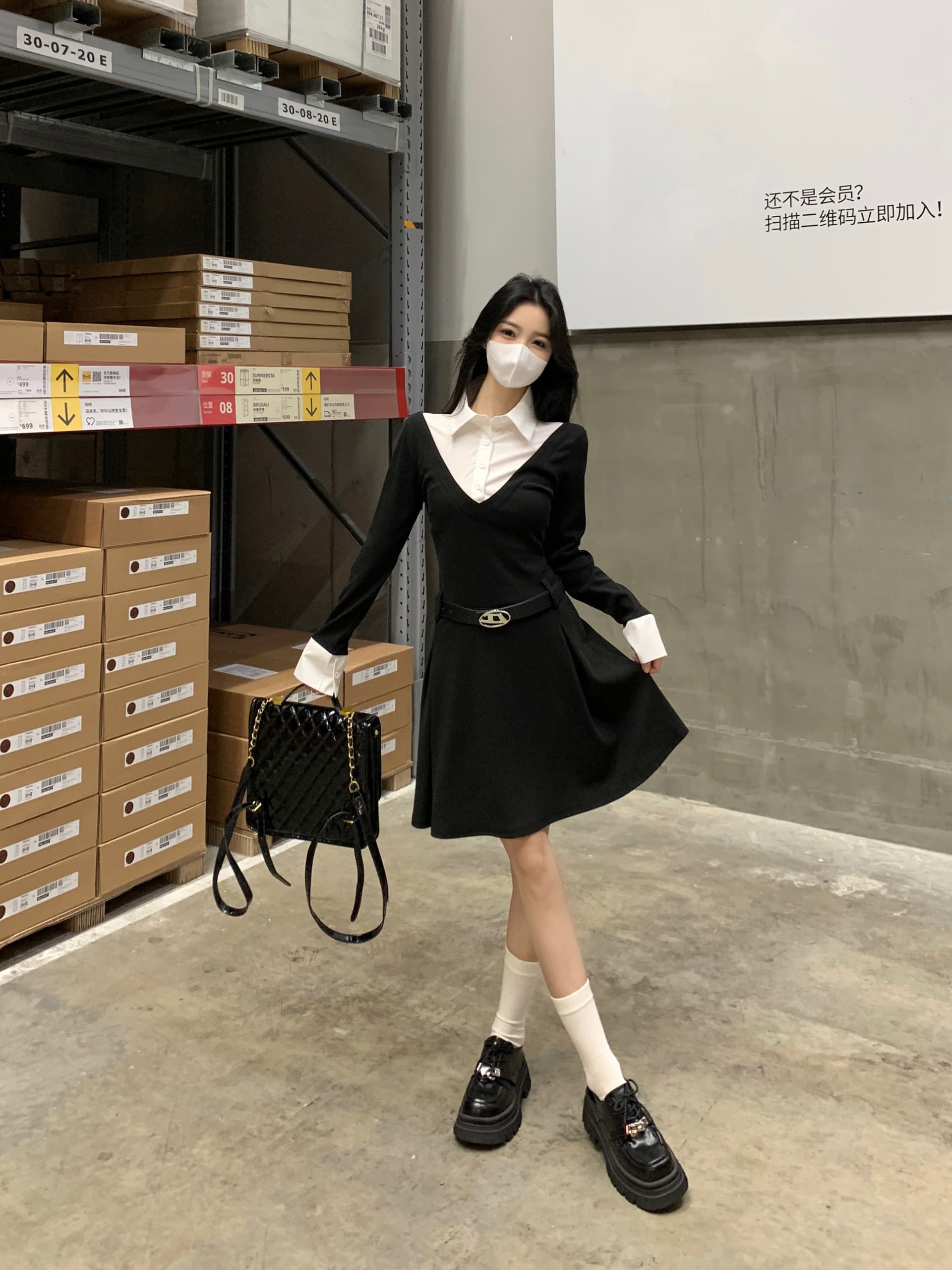실사 빅 사이즈 mm 한국 스타일 페이크 레이어드 셔츠 패치워크 긴팔 허리 수축 몸매 가꾸기 드레스 상세 이미지 5