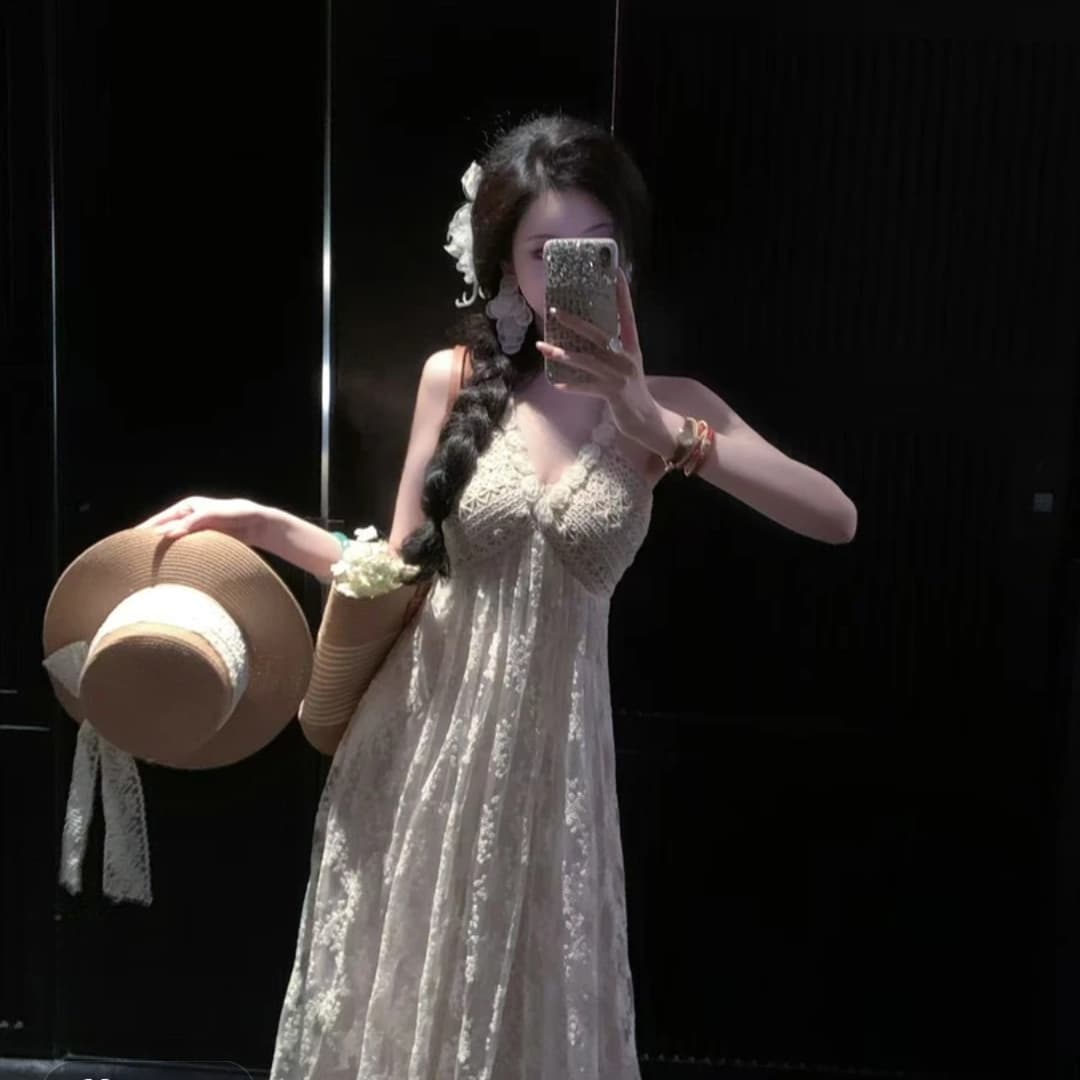 우아한 조 맞춤 안개 섬 들어라. 바람 무거운 작업 짜임 면 자수 V넥 행침 목 드레스 이미지 2