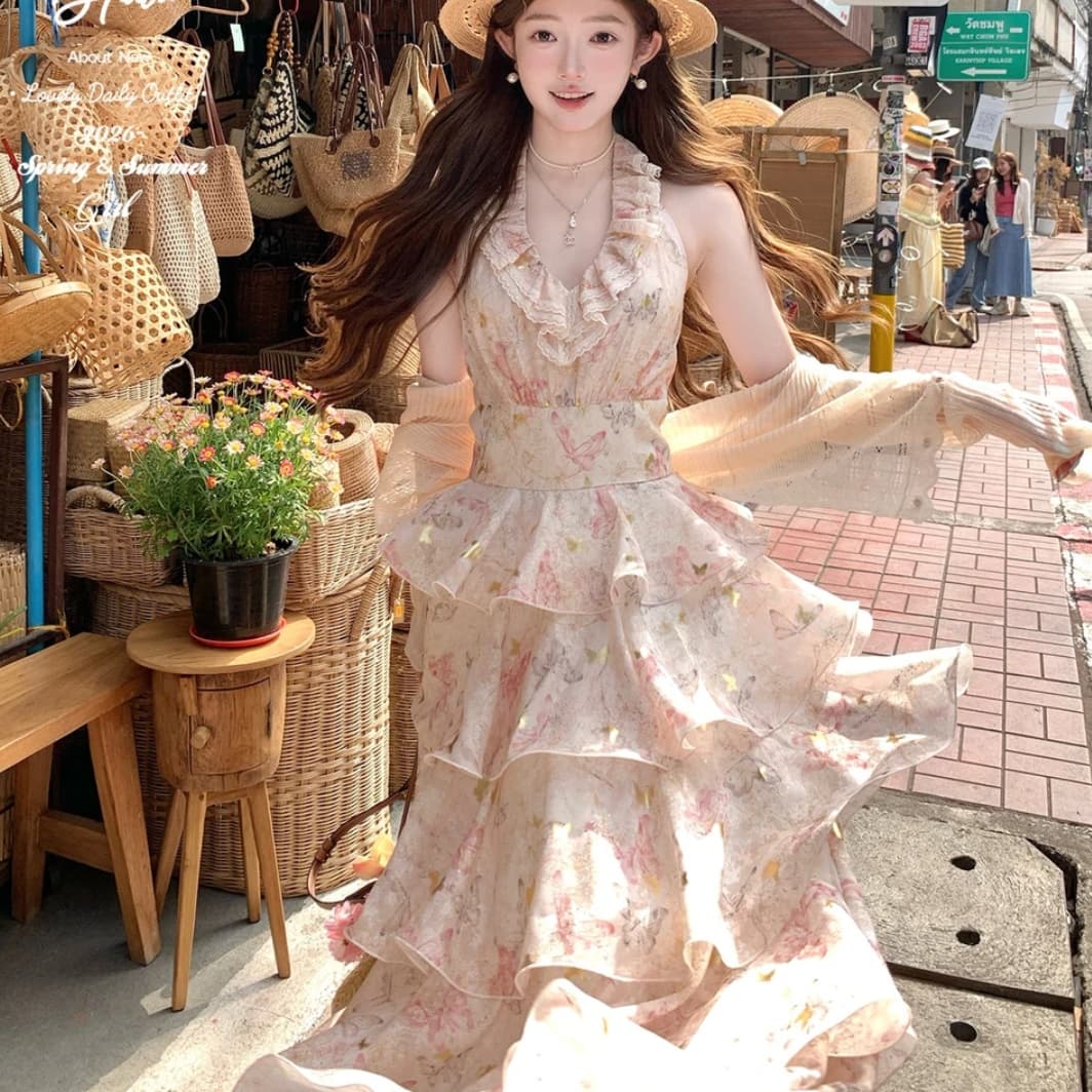 acaine 꽃 객실 떠 다니는 여름 휴가 바람 행침 목 백리스 케이크 롱 스커트 이미지 3