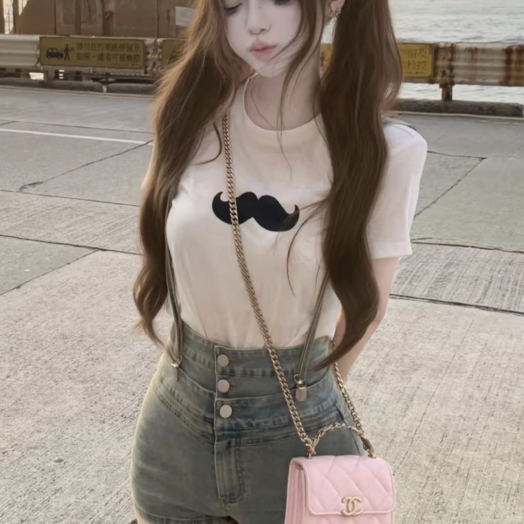 항해 항해 졸린 zz 자연 숙박 멩 자매 센스 콧수염 티셔츠 맨위 데님 멜빵 넓적 다리 패드 반바지 세트 보물 이미지 2