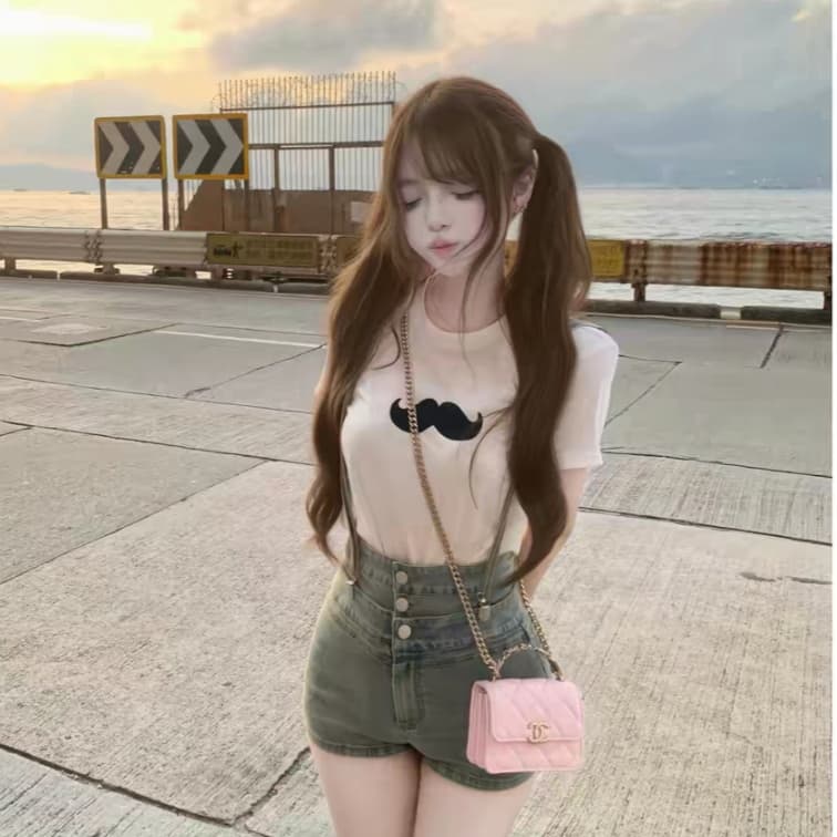 항해 항해 졸린 zz 자연 숙박 멩 자매 센스 콧수염 티셔츠 맨위 데님 멜빵 넓적 다리 패드 반바지 세트 보물 이미지 4
