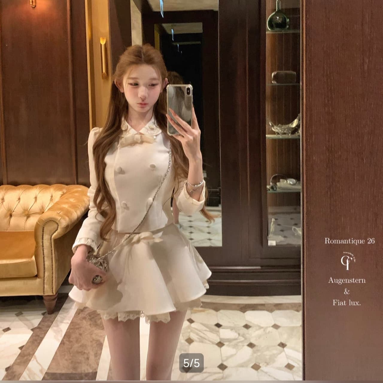 늦게 우산 우산 26 ss 화이트 치자 나무 의식 수공 꽃 자수 칼라 이중 버튼 재킷 이중층 반 스커트 세트 그룹 이미지 4