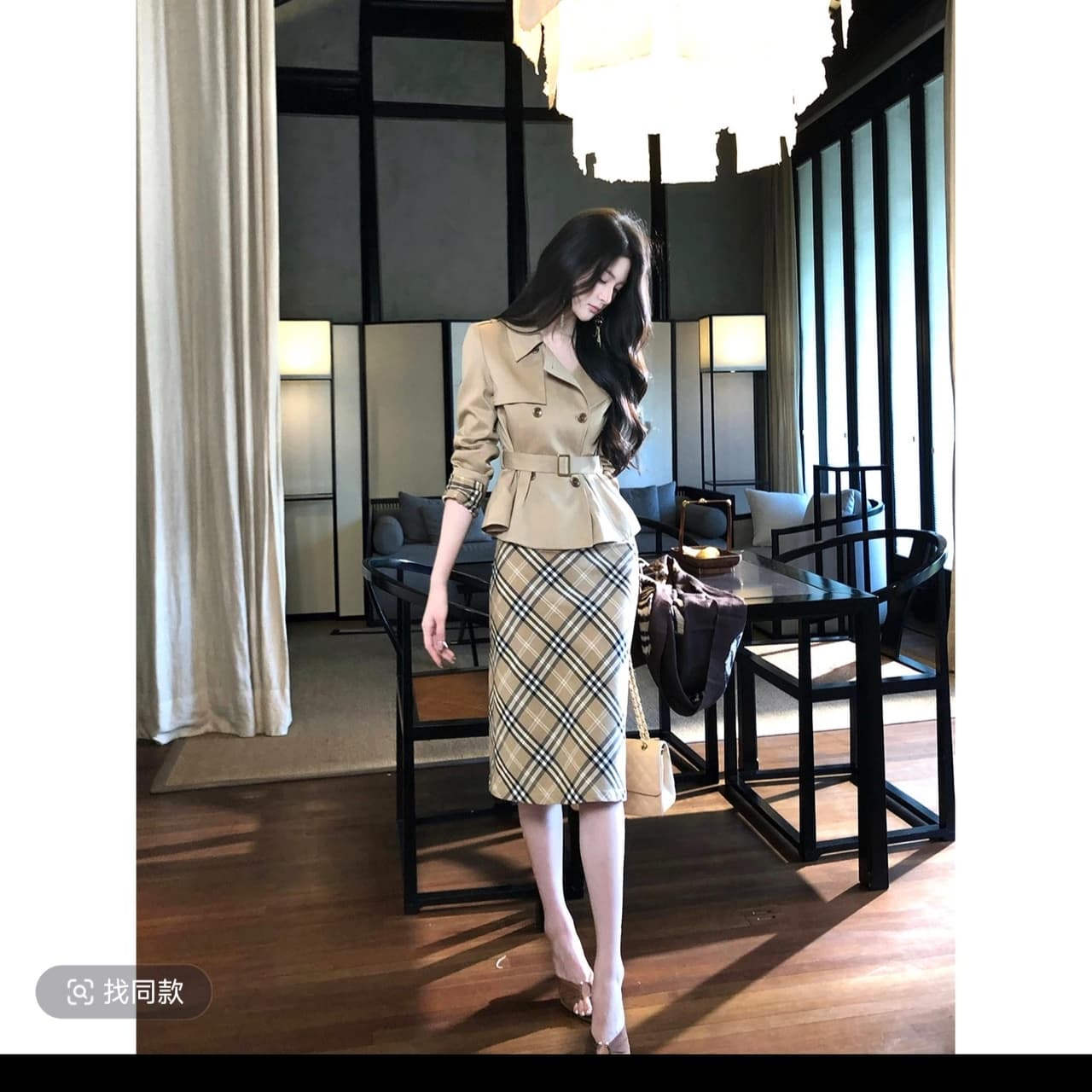 하나부터 순간 반도 라이 경기 서울 면 쇼트 스타일 재킷 재킷 레트로 체크무늬 타이트 스커트 반 스커트 출퇴근 착용 가져 가라. 이미지 2