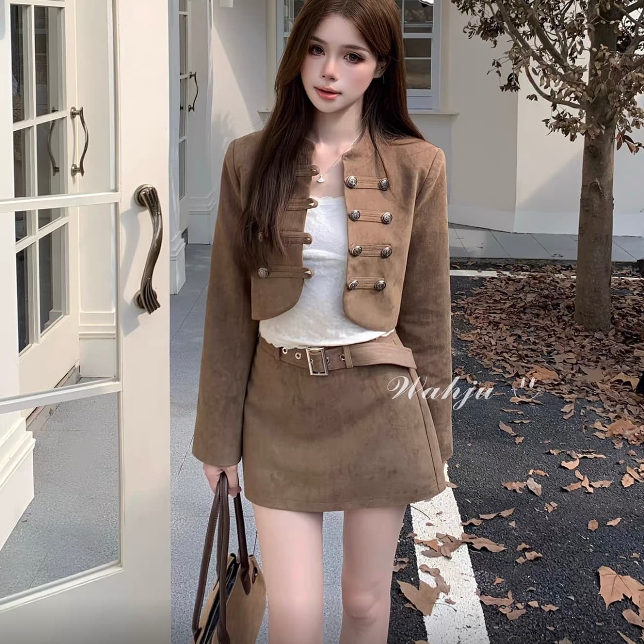 회화 솔루션 wahju 이른 가을 신제품 영국식 바람 작은 스탠드 칼라 쇼트 스타일 재킷 반 스커트 세트 이미지 4