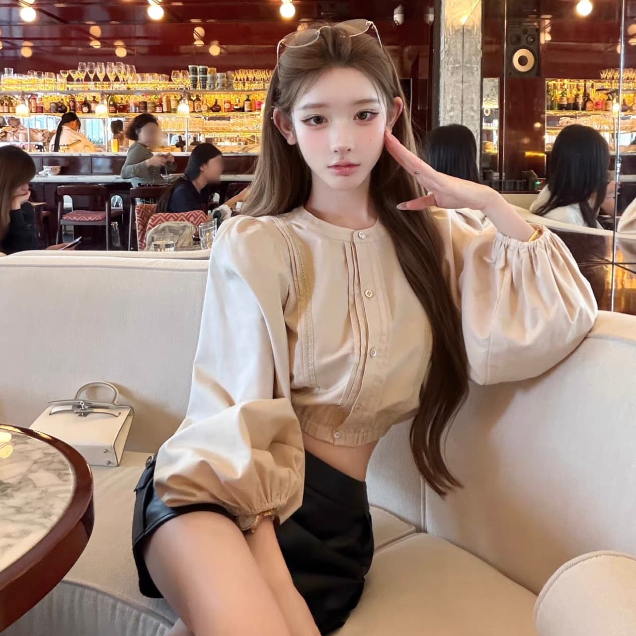 수영장 자오 짜오 狎 갈매기 파빌리온 여가 시리아 한 여성 살구 색상 주간 실크 라이 경기 서울 면 셔츠 가죽 스커트 이미지 4