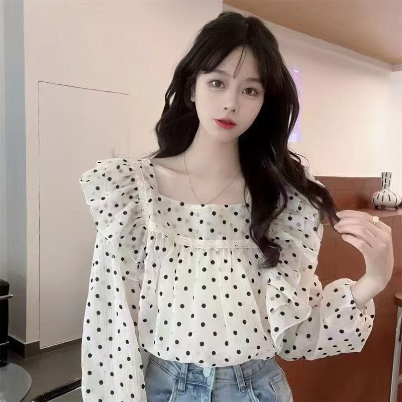 프랑스식 외국 가스 디자인 센스 작은 대중 긴팔 프릴 도트 무늬 쉬폰 여성 셔츠 봄 2026 새로운 작은 맨위