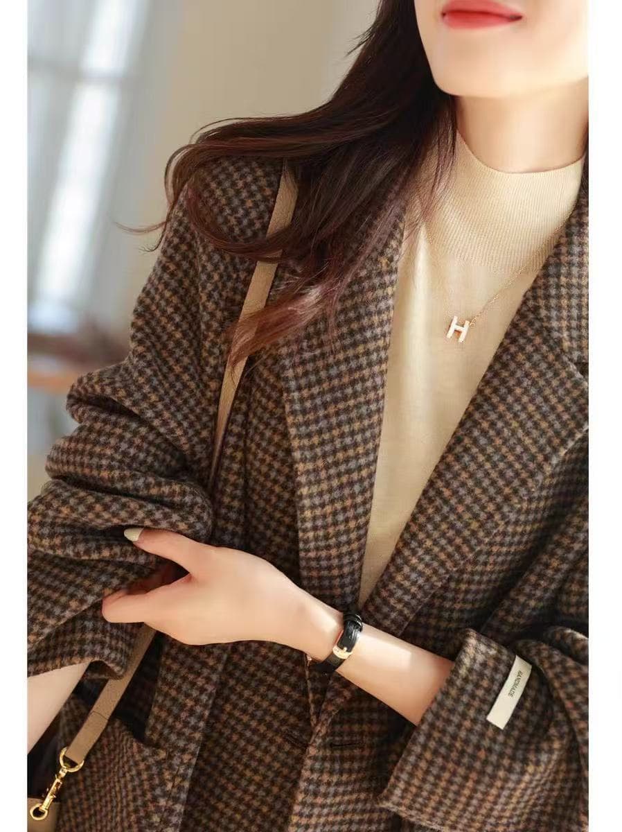 새로운 고급 센스 수공 중간 길이 자켓 작은 키 정장 칼라 모직 루즈핏 체크무늬 코트 여성 이미지 3