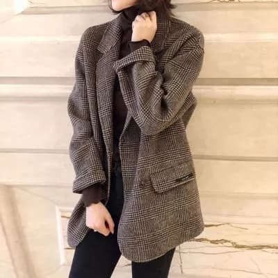 가을 겨울 의류 새로운 솜을 넣은 두꺼운 양면 양모 코트 작은 키 영국식 체크무늬 정장 자켓 이미지 3
