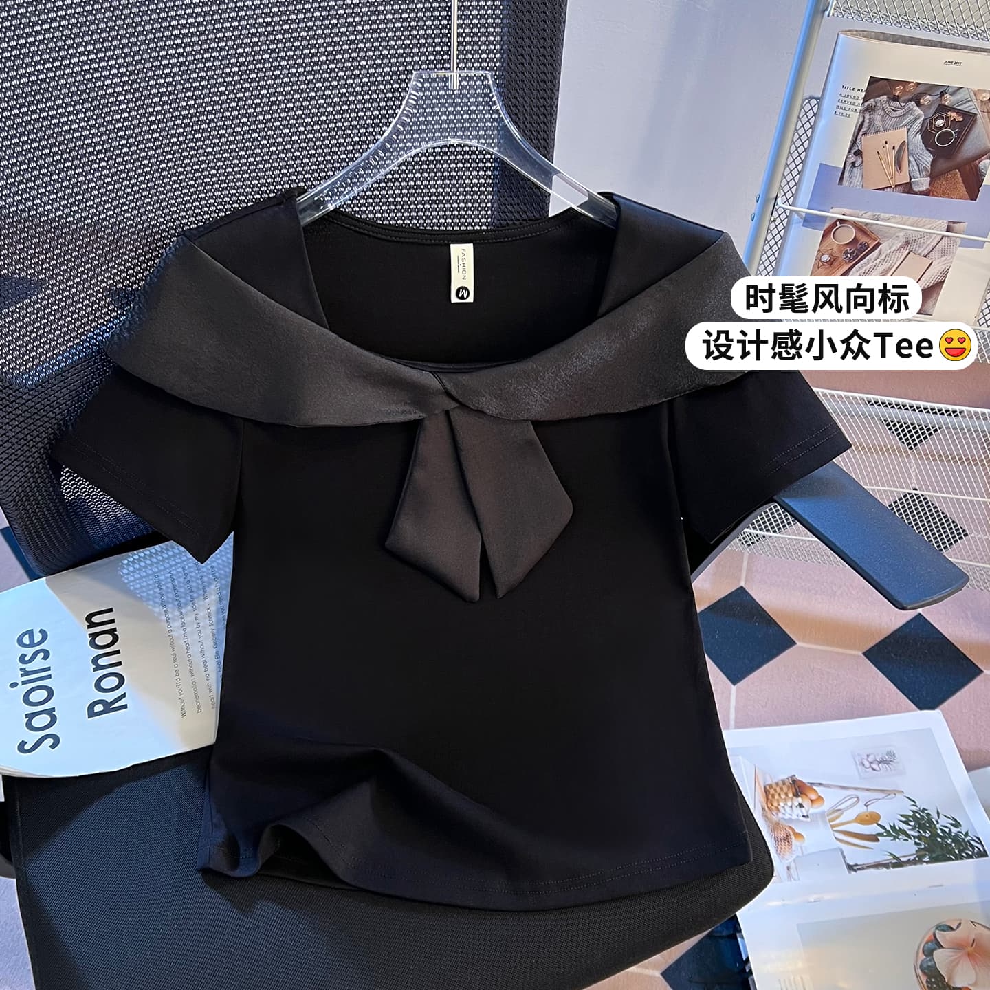 실사 2026 새로운 달콤함 나비 매듭 프랑스식 광장 칼라 품격 긍정적 인 어깨 몸매 가꾸기 슬림해 보이는 반팔 티셔츠 여성 이미지 4