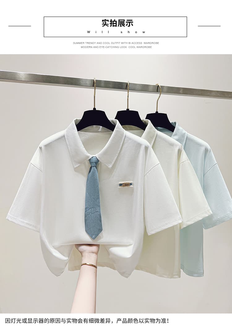 실사 2026 한 부서 학원 스타일 넥타이 POLO 셔츠 하이웨이스트 미니멀리즘 루즈핏 연령 감소 폴로 칼라 반팔 티셔츠 여성 상세 이미지 11