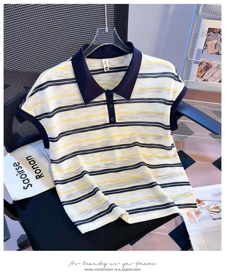 실사 2026 한 부서 스트라이프 POLO 셔츠 배색 폴로 칼라 민소매 니트 티셔츠 여성 연령 감소 다용도 품격 맨위 상세 이미지 16