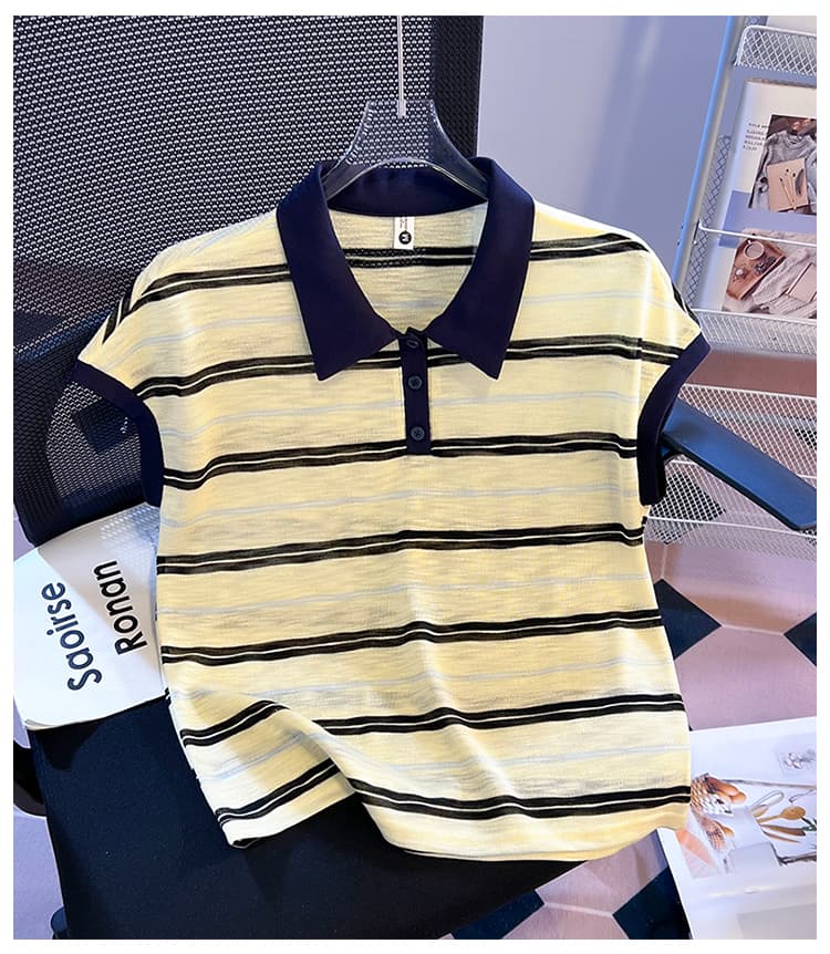 실사 2026 한 부서 스트라이프 POLO 셔츠 배색 폴로 칼라 민소매 니트 티셔츠 여성 연령 감소 다용도 품격 맨위 상세 이미지 20