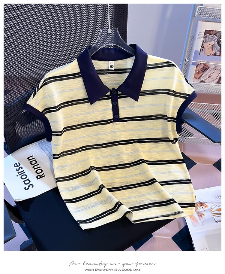 실사 2026 한 부서 스트라이프 POLO 셔츠 배색 폴로 칼라 민소매 니트 티셔츠 여성 연령 감소 다용도 품격 맨위 상세 이미지 21