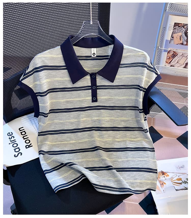 실사 2026 한 부서 스트라이프 POLO 셔츠 배색 폴로 칼라 민소매 니트 티셔츠 여성 연령 감소 다용도 품격 맨위 상세 이미지 25