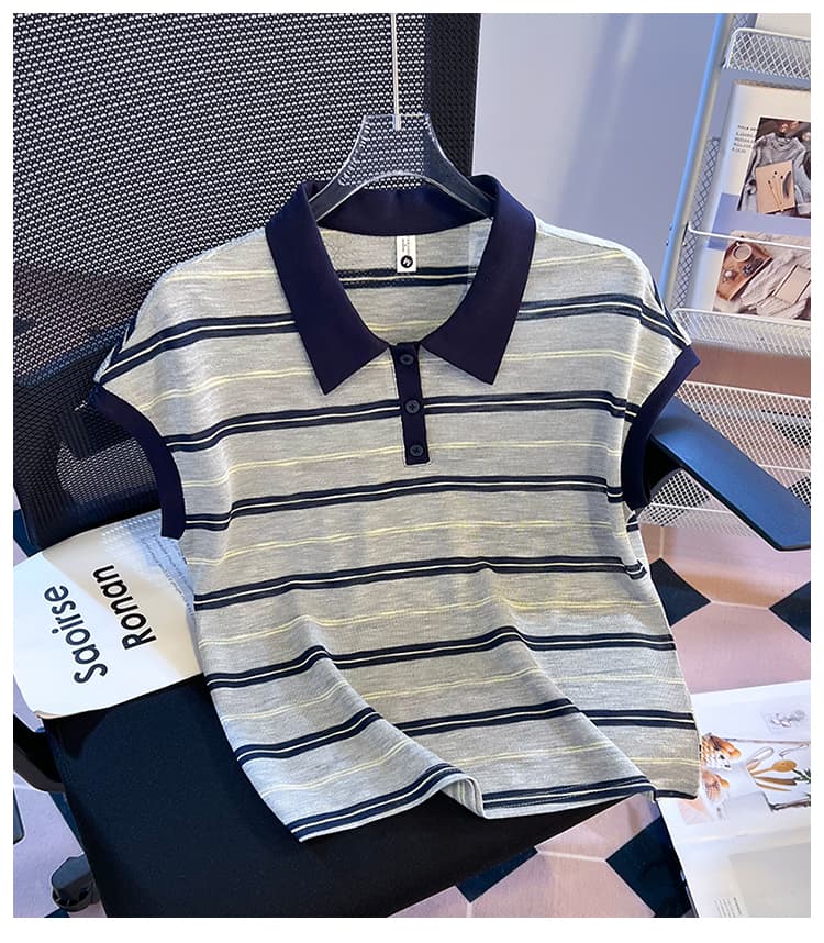 실사 2026 한 부서 스트라이프 POLO 셔츠 배색 폴로 칼라 민소매 니트 티셔츠 여성 연령 감소 다용도 품격 맨위 상세 이미지 26