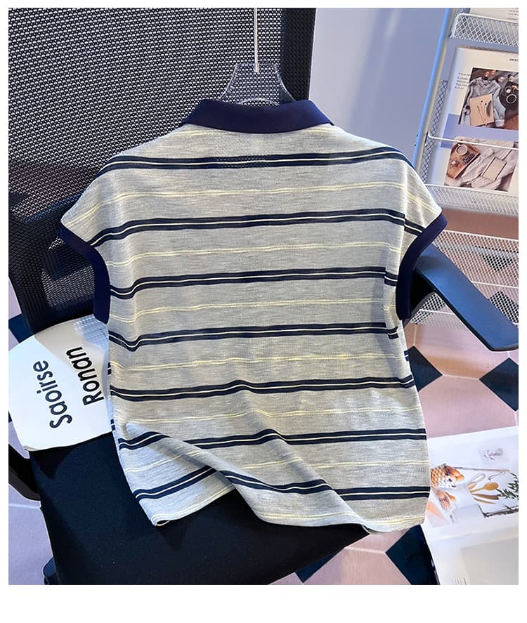 실사 2026 한 부서 스트라이프 POLO 셔츠 배색 폴로 칼라 민소매 니트 티셔츠 여성 연령 감소 다용도 품격 맨위 상세 이미지 28
