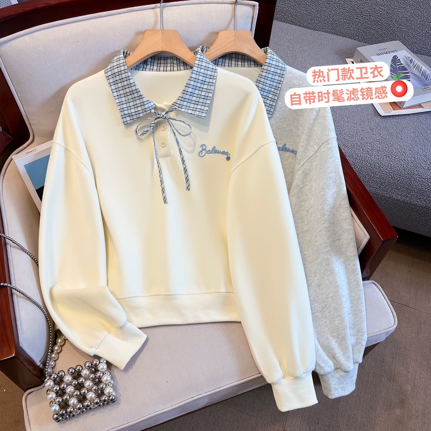 실사 이른 가을 새로운 체크무늬 폴로 칼라 polo 후드티 여성 한 부서 얇은 벨트 자수 루즈핏 쇼트 스타일 학원 스타일 맨위 이미지 2
