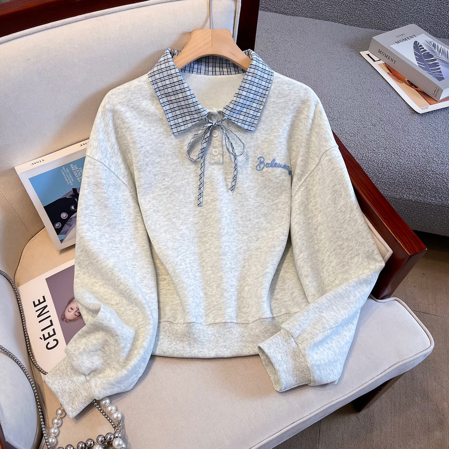 실사 이른 가을 새로운 체크무늬 폴로 칼라 polo 후드티 여성 한 부서 얇은 벨트 자수 루즈핏 쇼트 스타일 학원 스타일 맨위 이미지 4