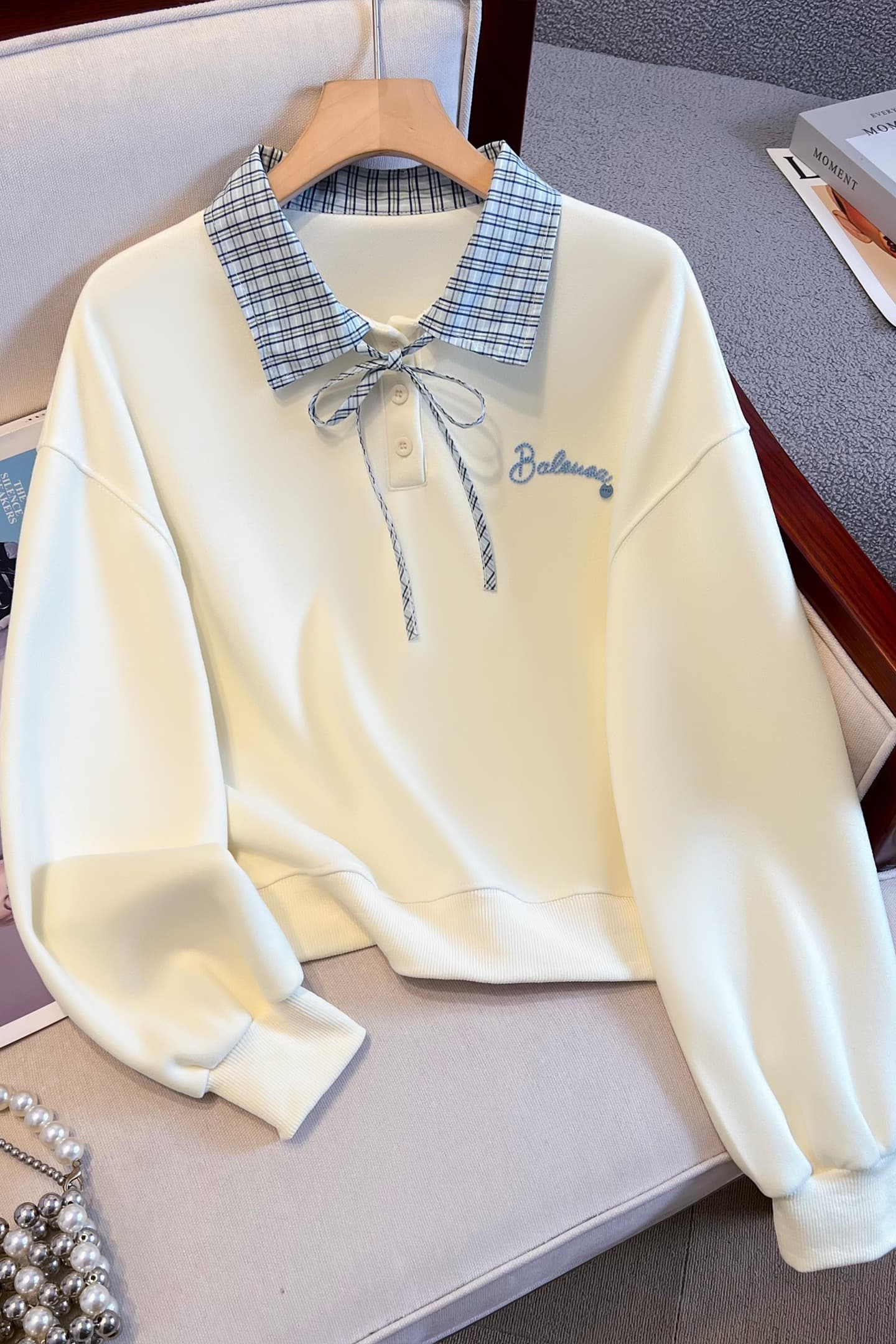 실사 이른 가을 새로운 체크무늬 폴로 칼라 polo 후드티 여성 한 부서 얇은 벨트 자수 루즈핏 쇼트 스타일 학원 스타일 맨위 이미지 7