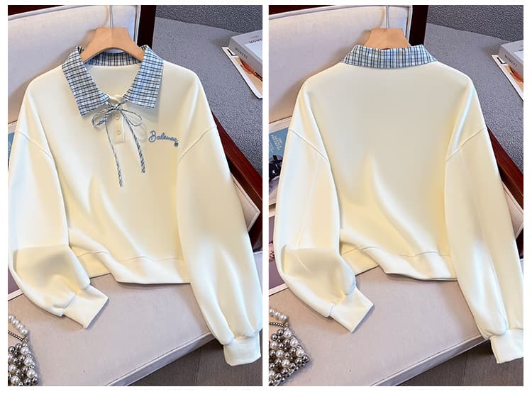 실사 이른 가을 새로운 체크무늬 폴로 칼라 polo 후드티 여성 한 부서 얇은 벨트 자수 루즈핏 쇼트 스타일 학원 스타일 맨위 상세 이미지 4