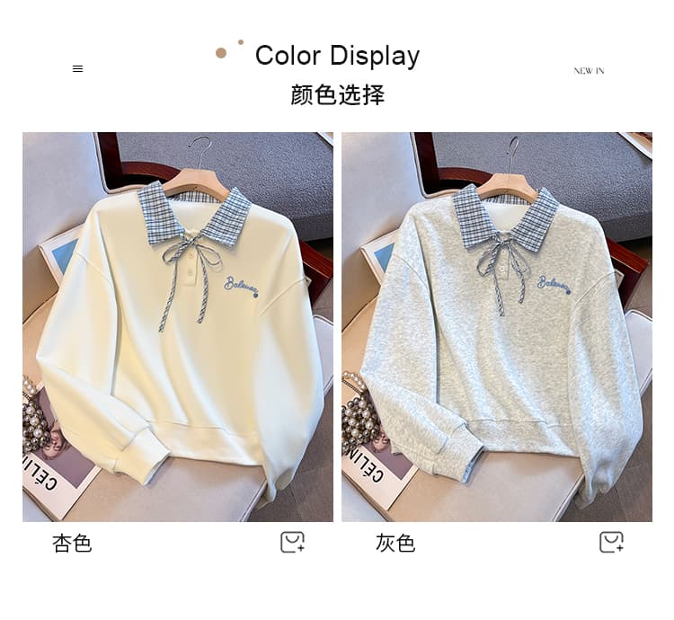 실사 이른 가을 새로운 체크무늬 폴로 칼라 polo 후드티 여성 한 부서 얇은 벨트 자수 루즈핏 쇼트 스타일 학원 스타일 맨위 상세 이미지 12