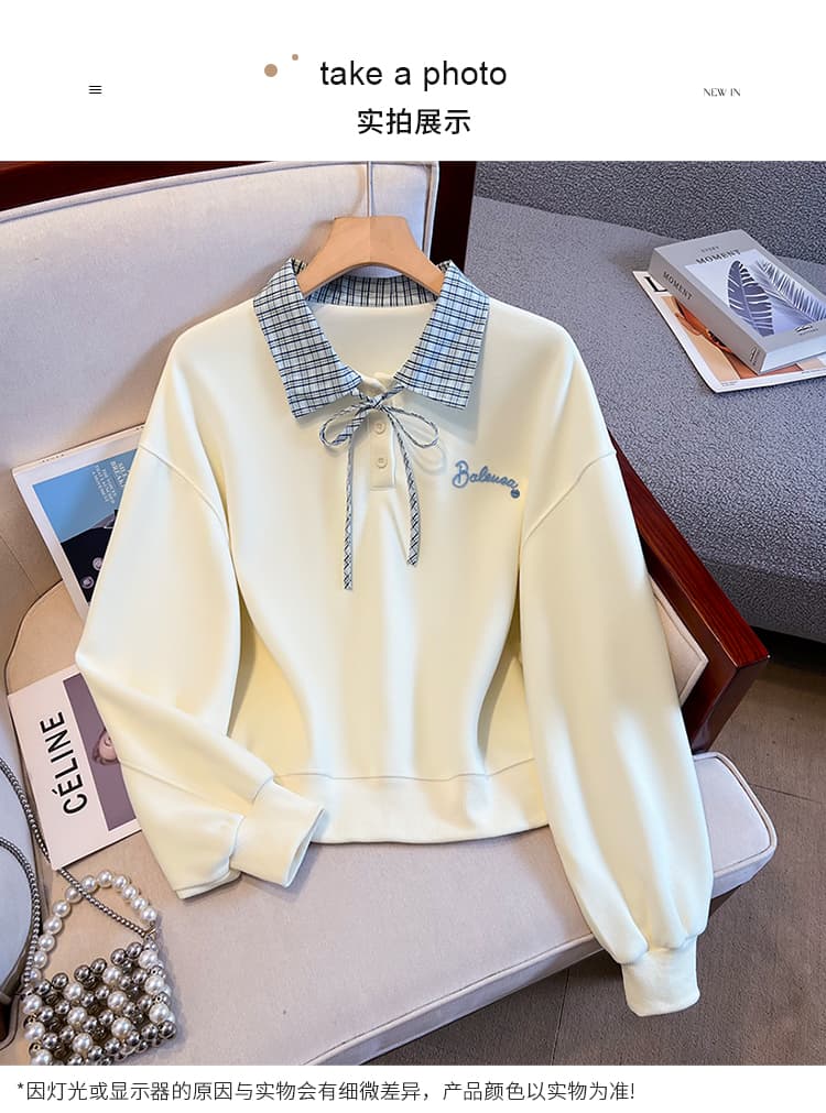 실사 이른 가을 새로운 체크무늬 폴로 칼라 polo 후드티 여성 한 부서 얇은 벨트 자수 루즈핏 쇼트 스타일 학원 스타일 맨위 상세 이미지 13