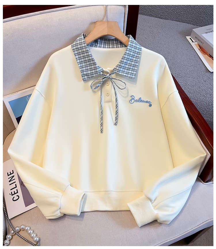 실사 이른 가을 새로운 체크무늬 폴로 칼라 polo 후드티 여성 한 부서 얇은 벨트 자수 루즈핏 쇼트 스타일 학원 스타일 맨위 상세 이미지 14