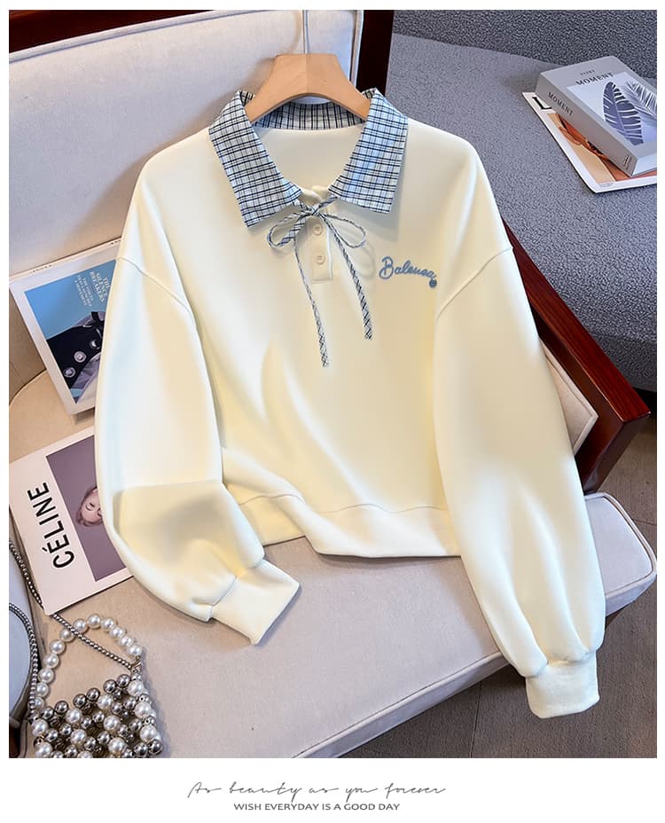 실사 이른 가을 새로운 체크무늬 폴로 칼라 polo 후드티 여성 한 부서 얇은 벨트 자수 루즈핏 쇼트 스타일 학원 스타일 맨위 상세 이미지 15