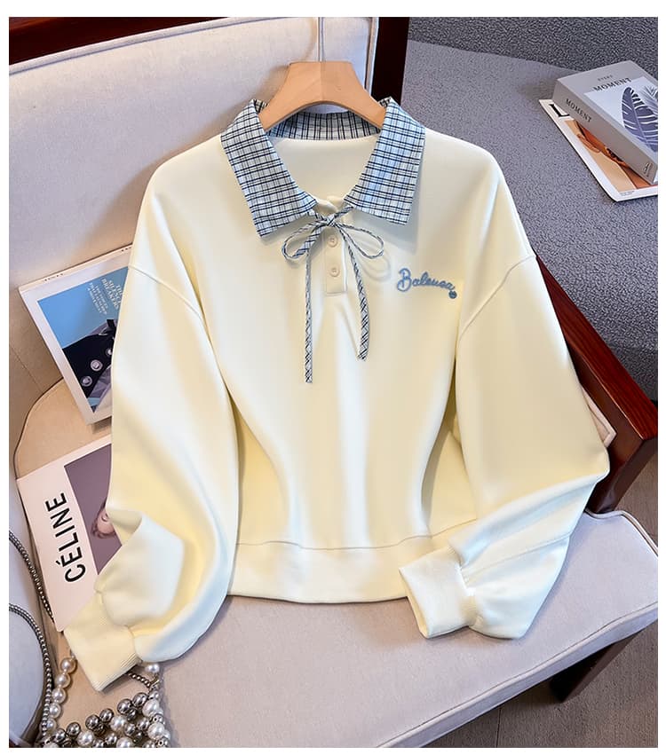 실사 이른 가을 새로운 체크무늬 폴로 칼라 polo 후드티 여성 한 부서 얇은 벨트 자수 루즈핏 쇼트 스타일 학원 스타일 맨위 상세 이미지 16