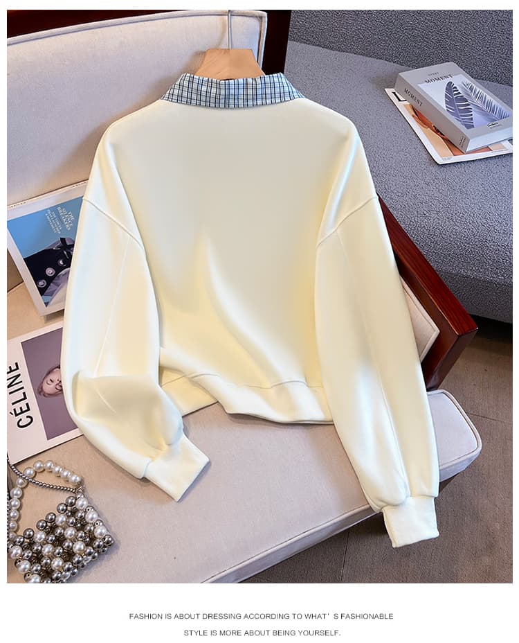 실사 이른 가을 새로운 체크무늬 폴로 칼라 polo 후드티 여성 한 부서 얇은 벨트 자수 루즈핏 쇼트 스타일 학원 스타일 맨위 상세 이미지 18