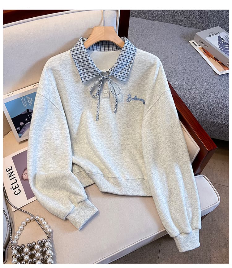 실사 이른 가을 새로운 체크무늬 폴로 칼라 polo 후드티 여성 한 부서 얇은 벨트 자수 루즈핏 쇼트 스타일 학원 스타일 맨위 상세 이미지 19