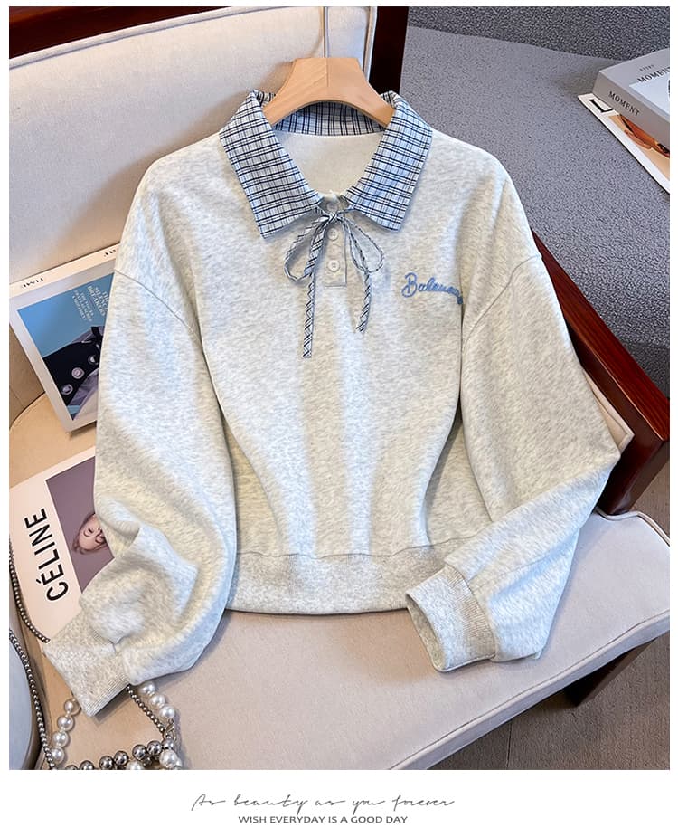 실사 이른 가을 새로운 체크무늬 폴로 칼라 polo 후드티 여성 한 부서 얇은 벨트 자수 루즈핏 쇼트 스타일 학원 스타일 맨위 상세 이미지 21
