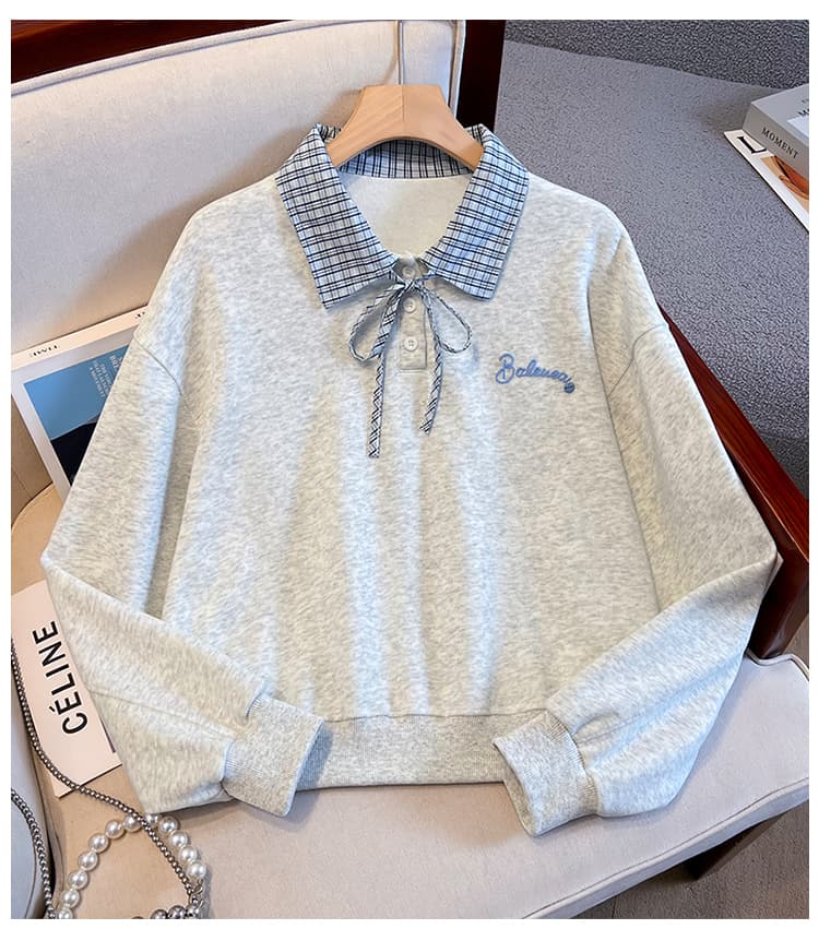 실사 이른 가을 새로운 체크무늬 폴로 칼라 polo 후드티 여성 한 부서 얇은 벨트 자수 루즈핏 쇼트 스타일 학원 스타일 맨위 상세 이미지 22