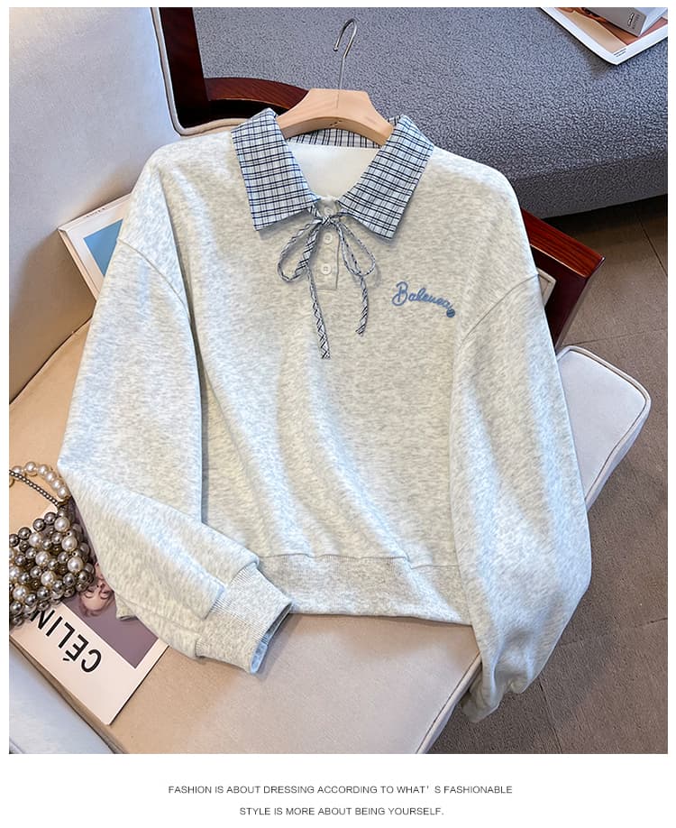 실사 이른 가을 새로운 체크무늬 폴로 칼라 polo 후드티 여성 한 부서 얇은 벨트 자수 루즈핏 쇼트 스타일 학원 스타일 맨위 상세 이미지 23