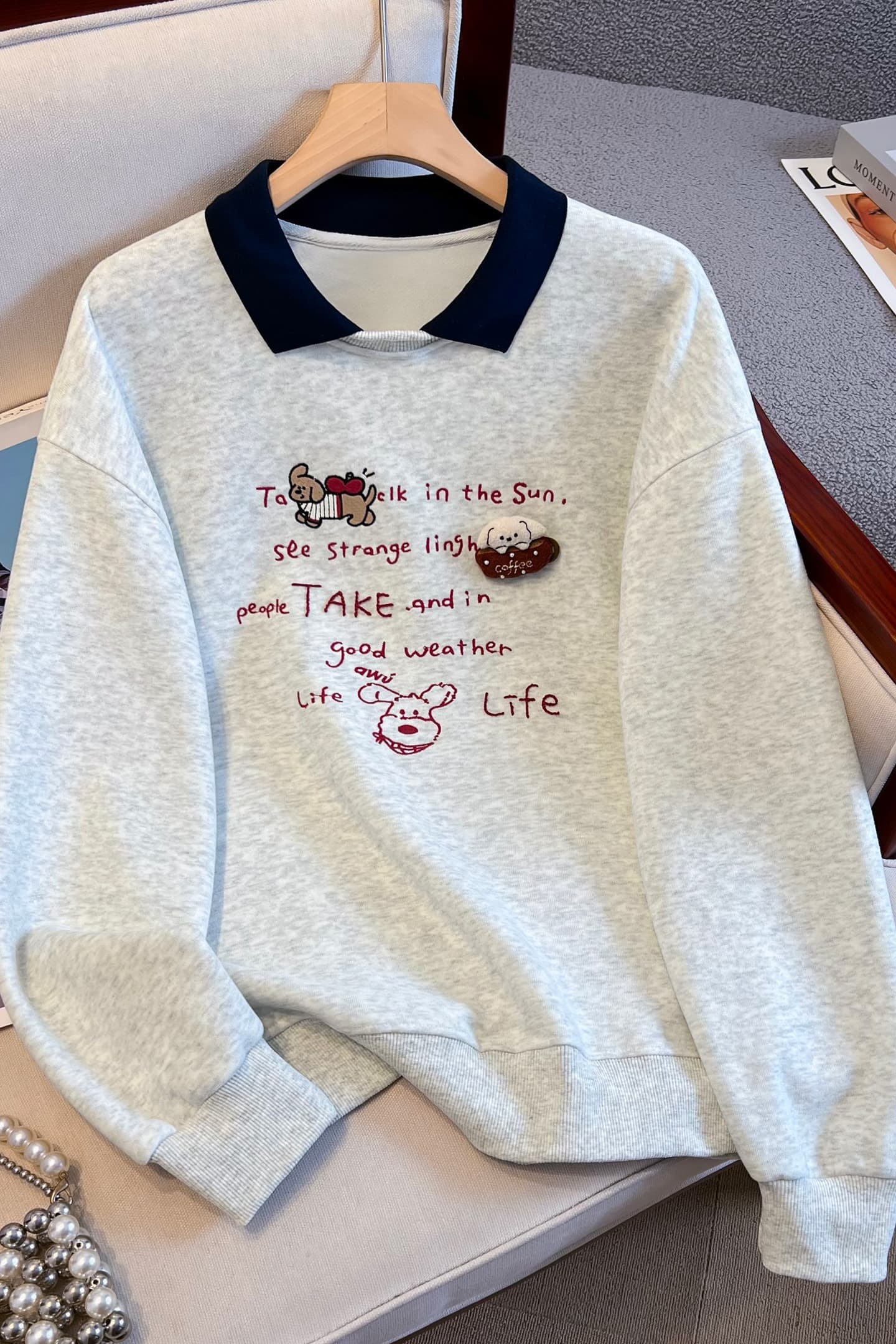 실사 배색 POLO 칼라 페이크 레이어드 후드티 여성 귀여운 강아지 자수 루즈핏 연령 감소 학원 스타일 긴팔 맨위 이미지 7